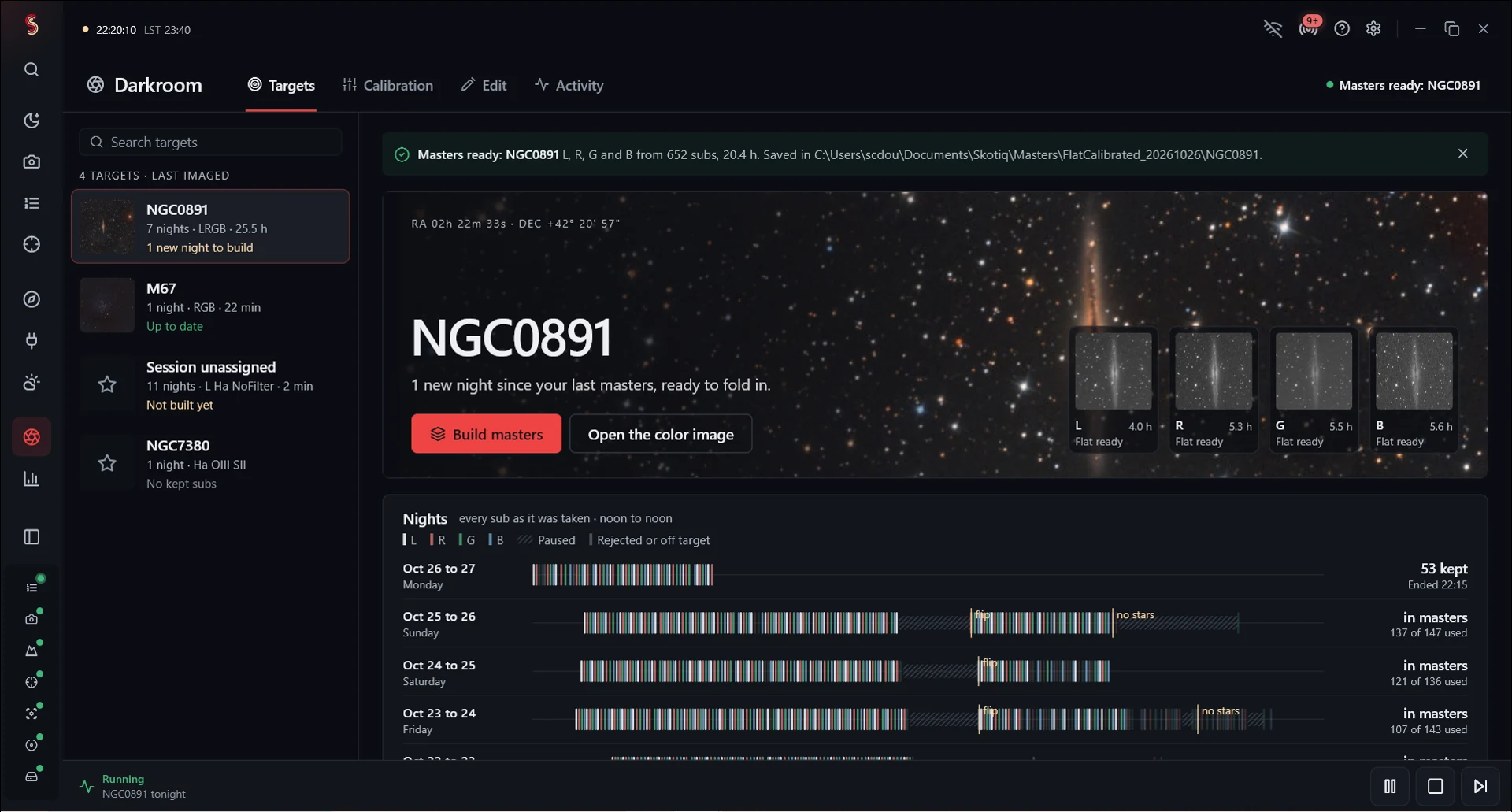 Darkroom groups nights by target and shows the available filter masters. Recorded October 26, 2026.