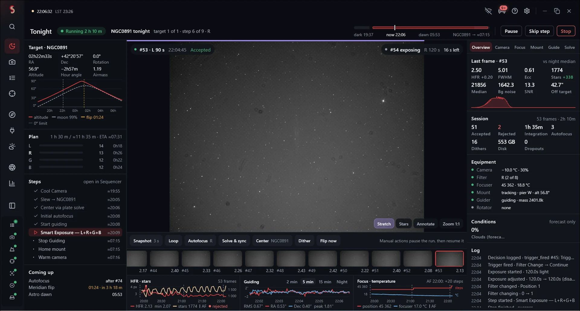 Skotiq Tonight during a running NGC 891 sequence with exposure progress, guide graphs and equipment status
