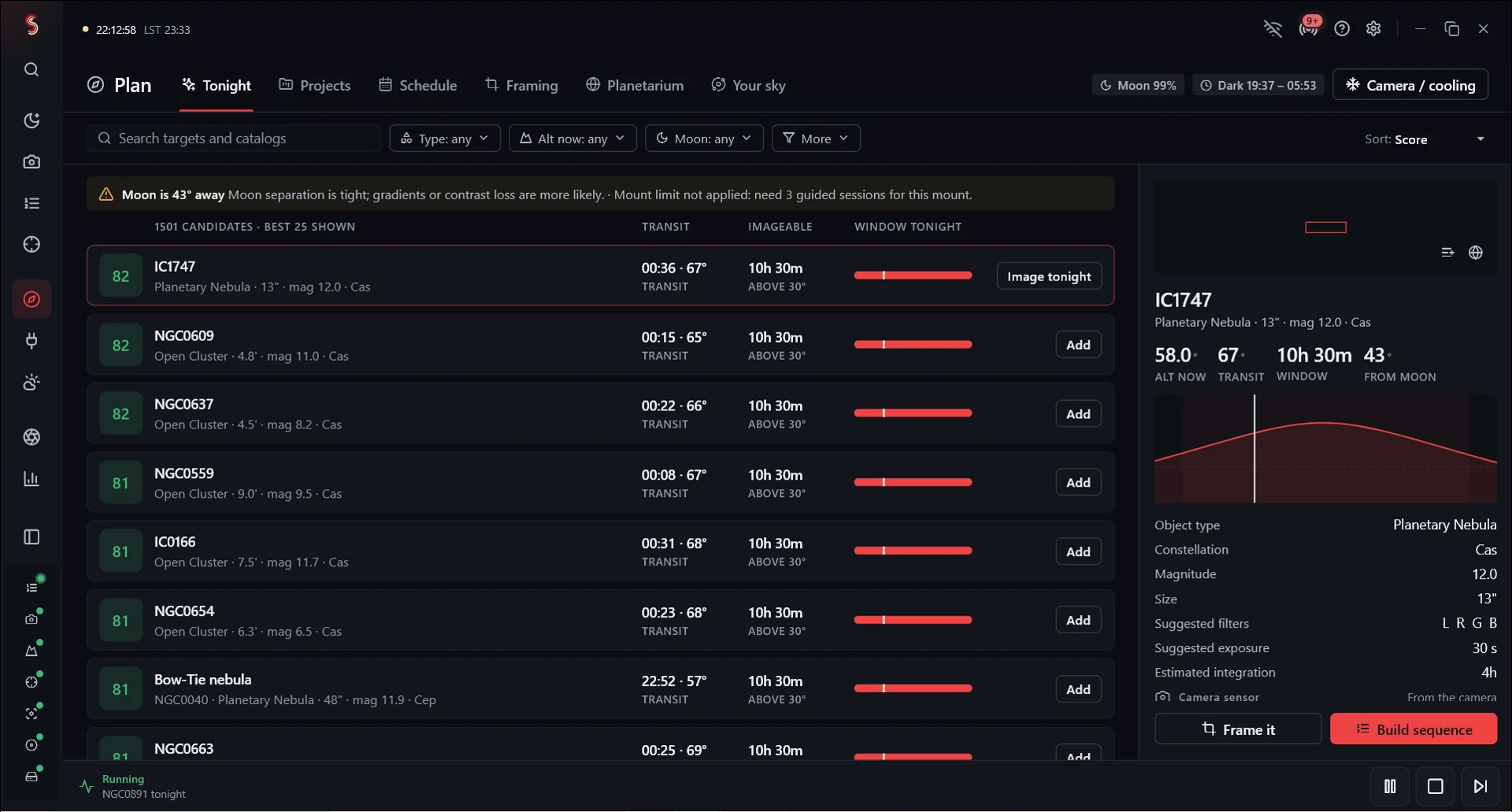Target list and observing window in the Skotiq planner